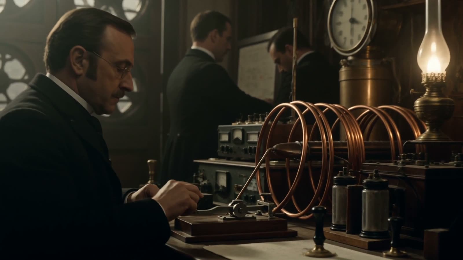 The wireless room — coils, lamp light, the Morse bench
