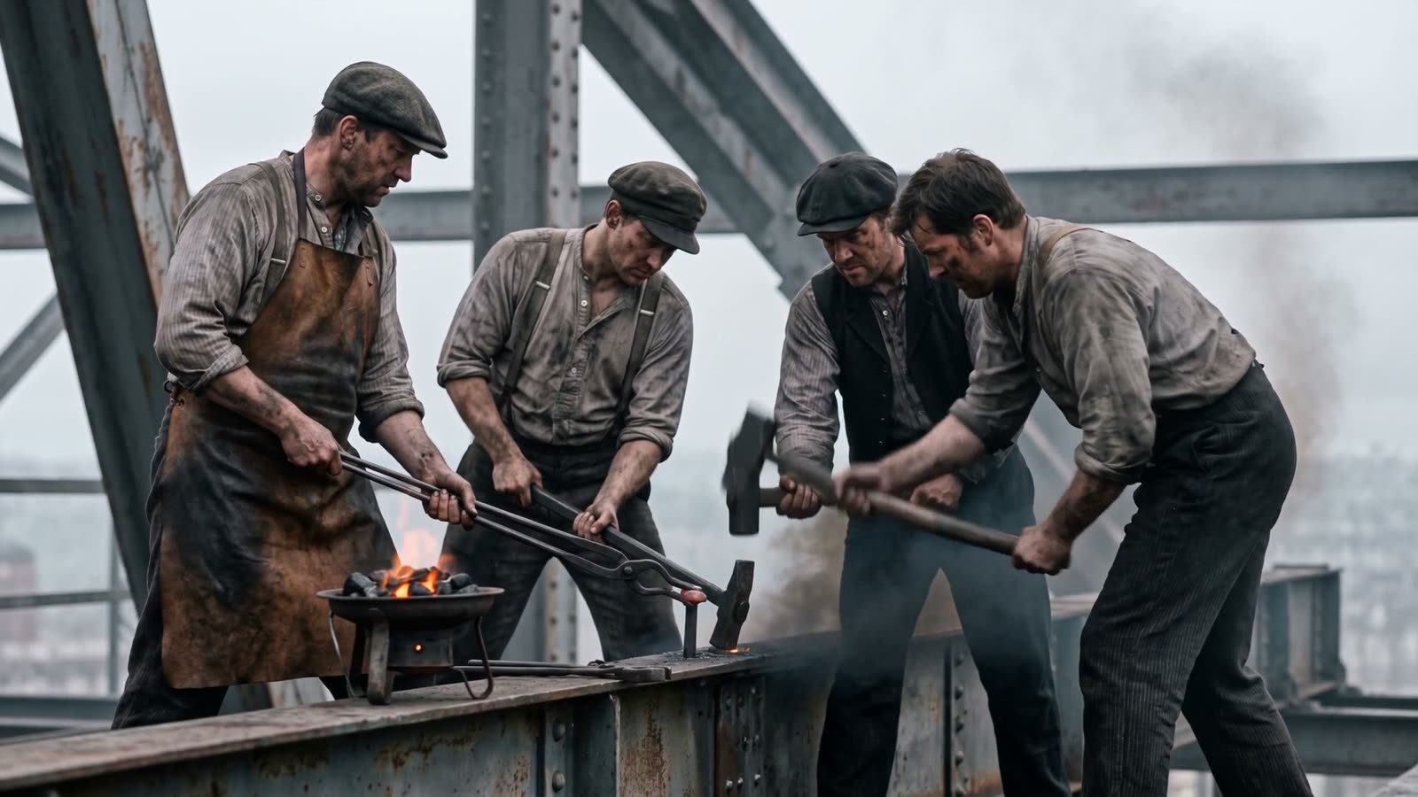 The four-man rivet gang driving a rivet on the high iron