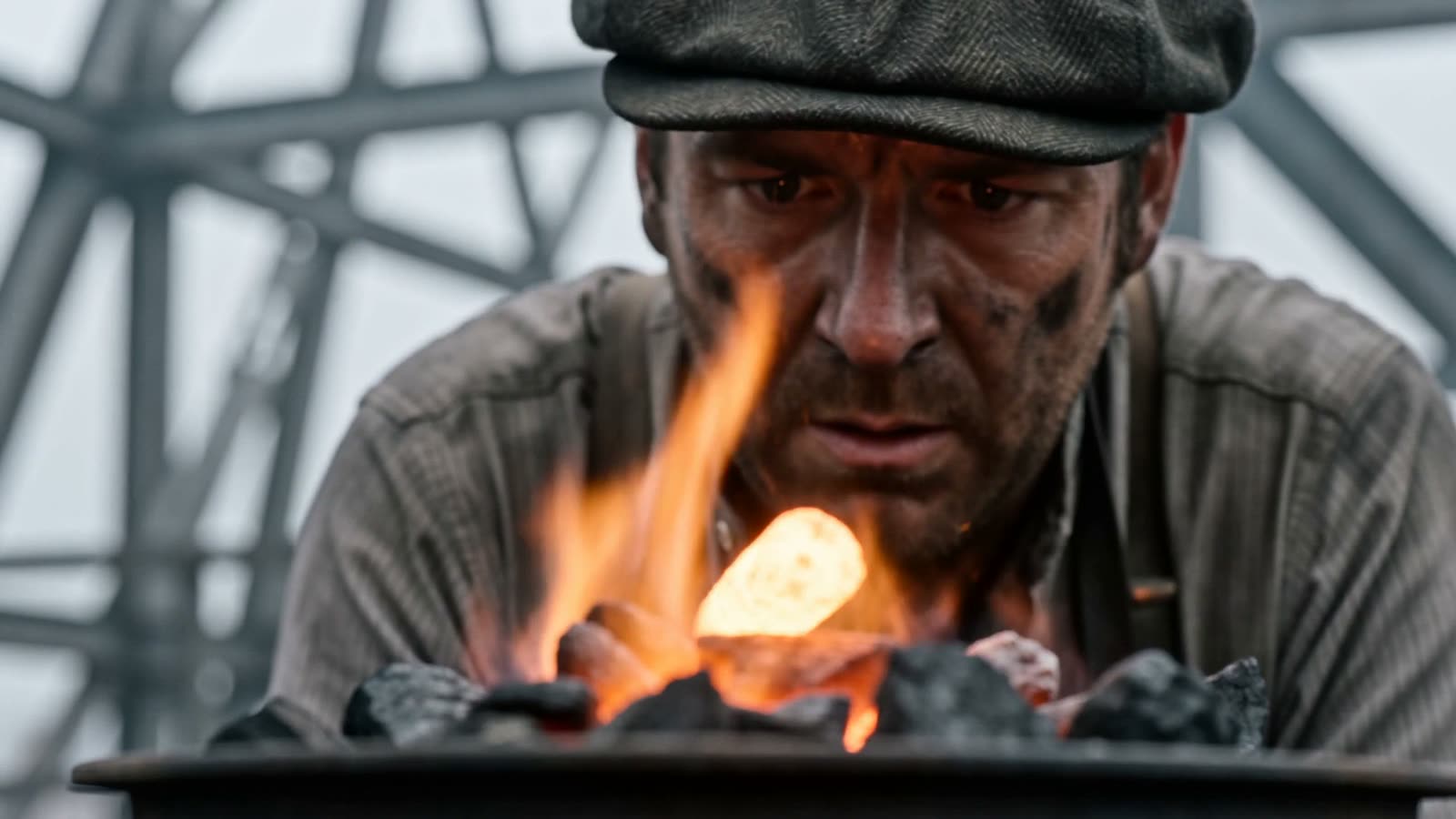 The Riveter — soot-marked face over the brazier's glow
