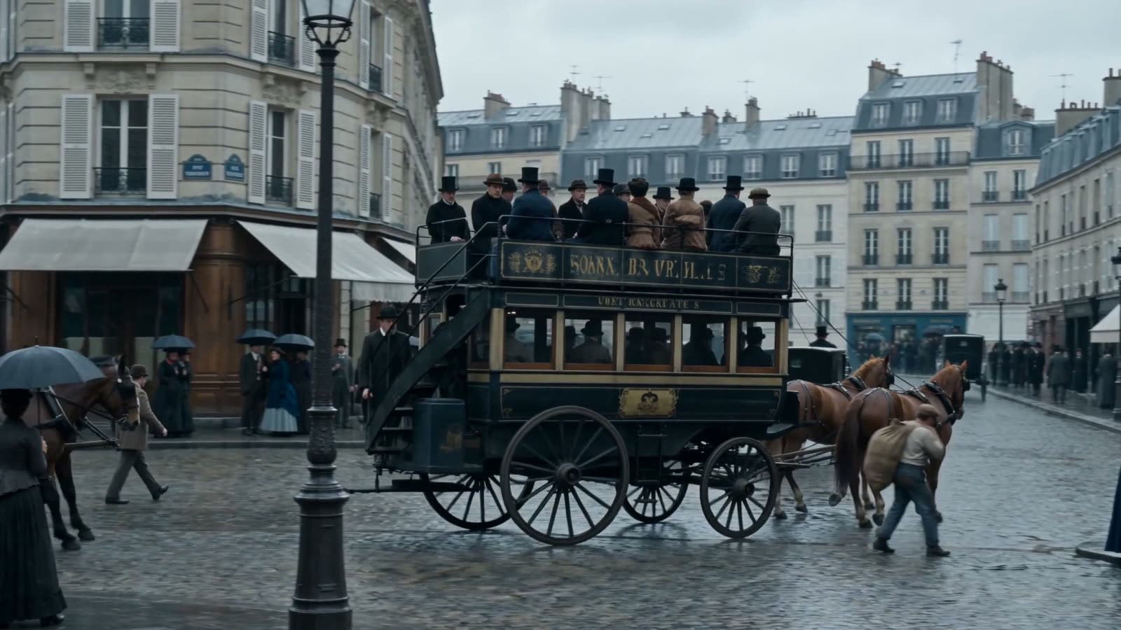 A Paris boulevard, 1887 — omnibus, gas lamps, wet setts