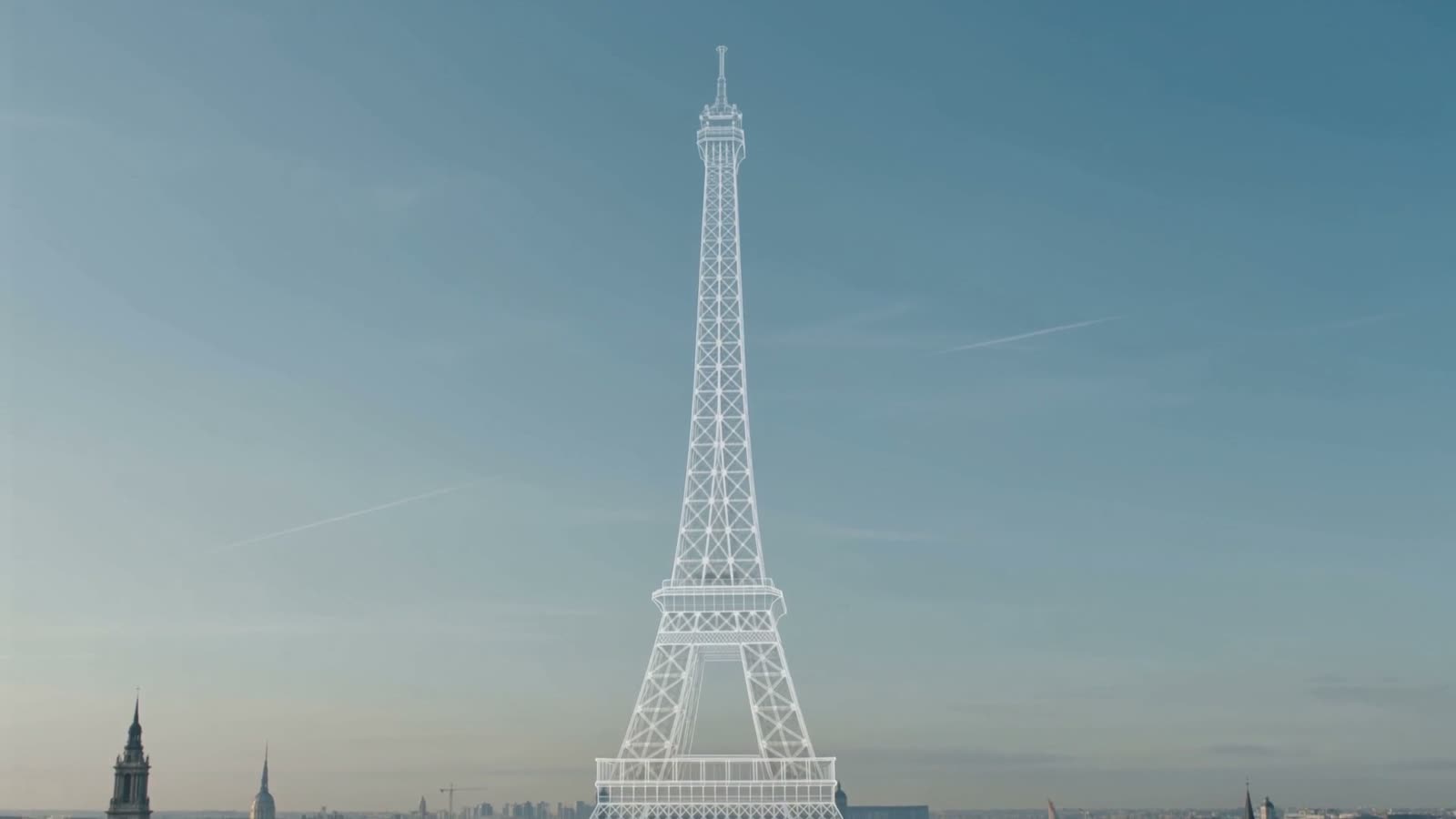 The proposed tower's outline rising translucent above the 1880s Paris skyline
