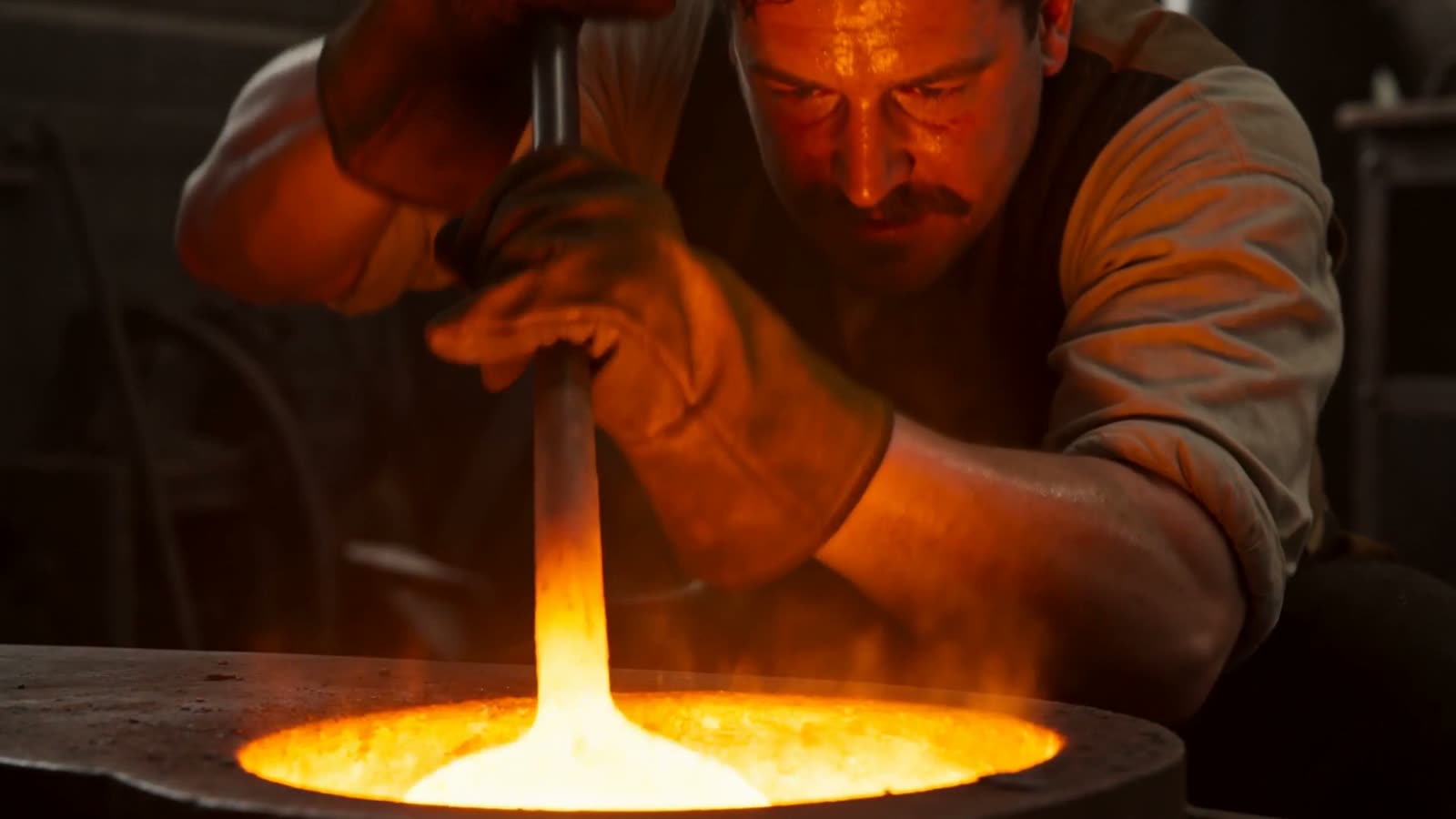 A foundry worker over a crucible of molten iron, face lit by the pour