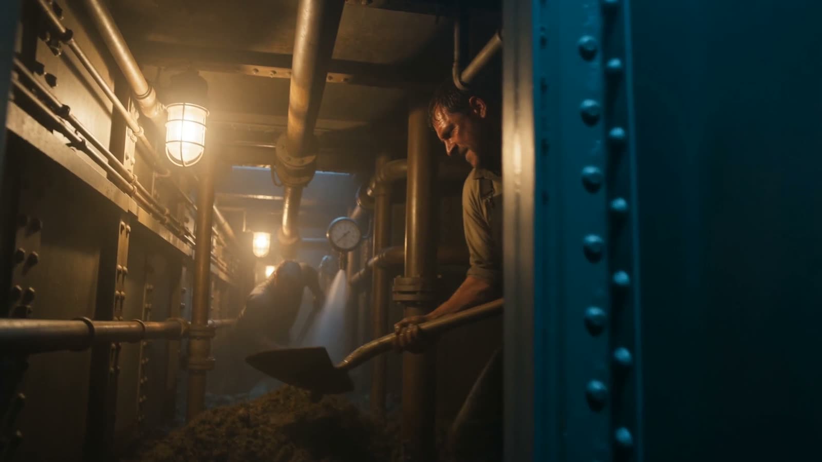 Inside a lamp-lit caisson working chamber, a man digging wet ground