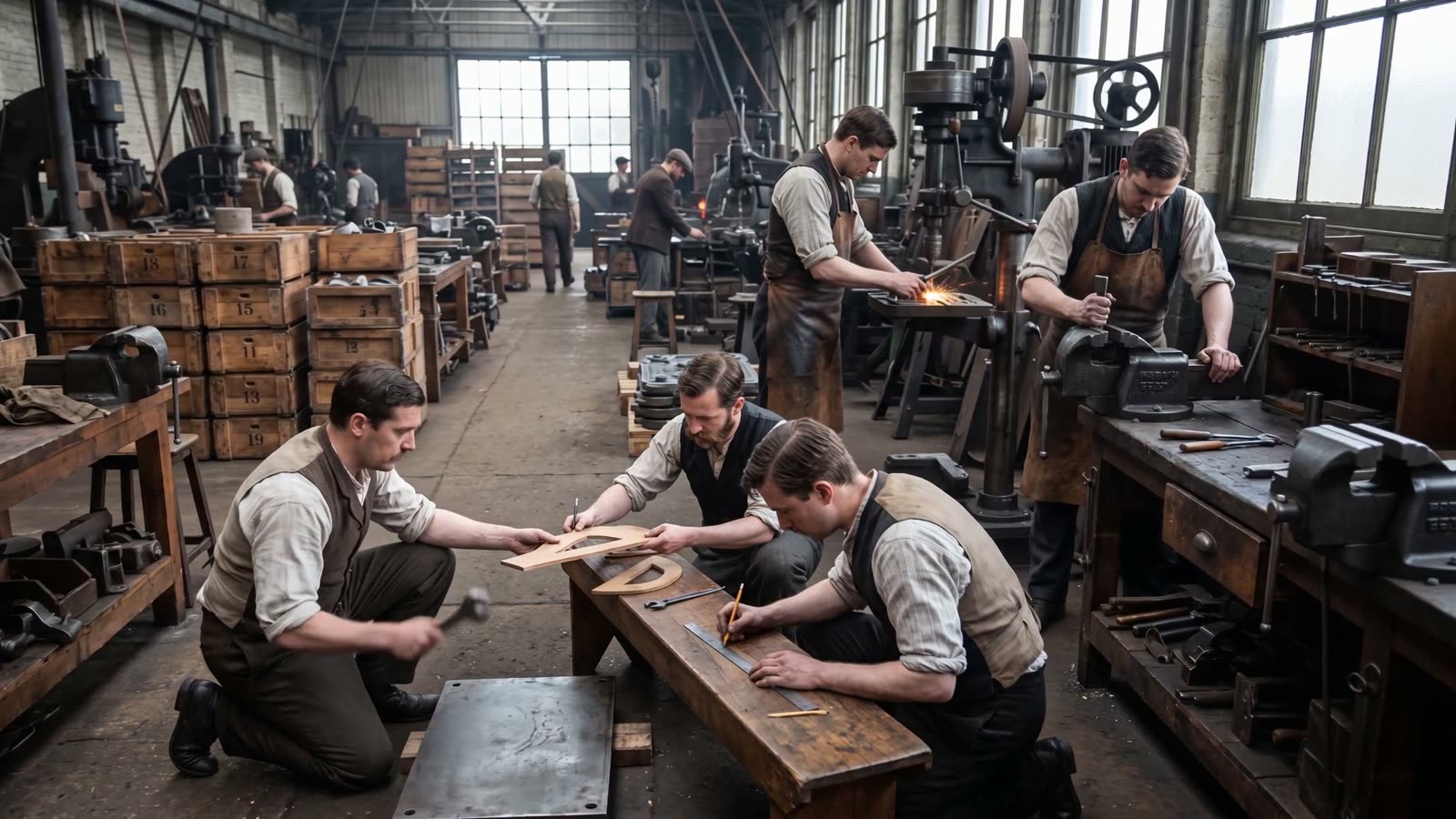 Inside the Levallois-Perret workshop, benches of numbered components