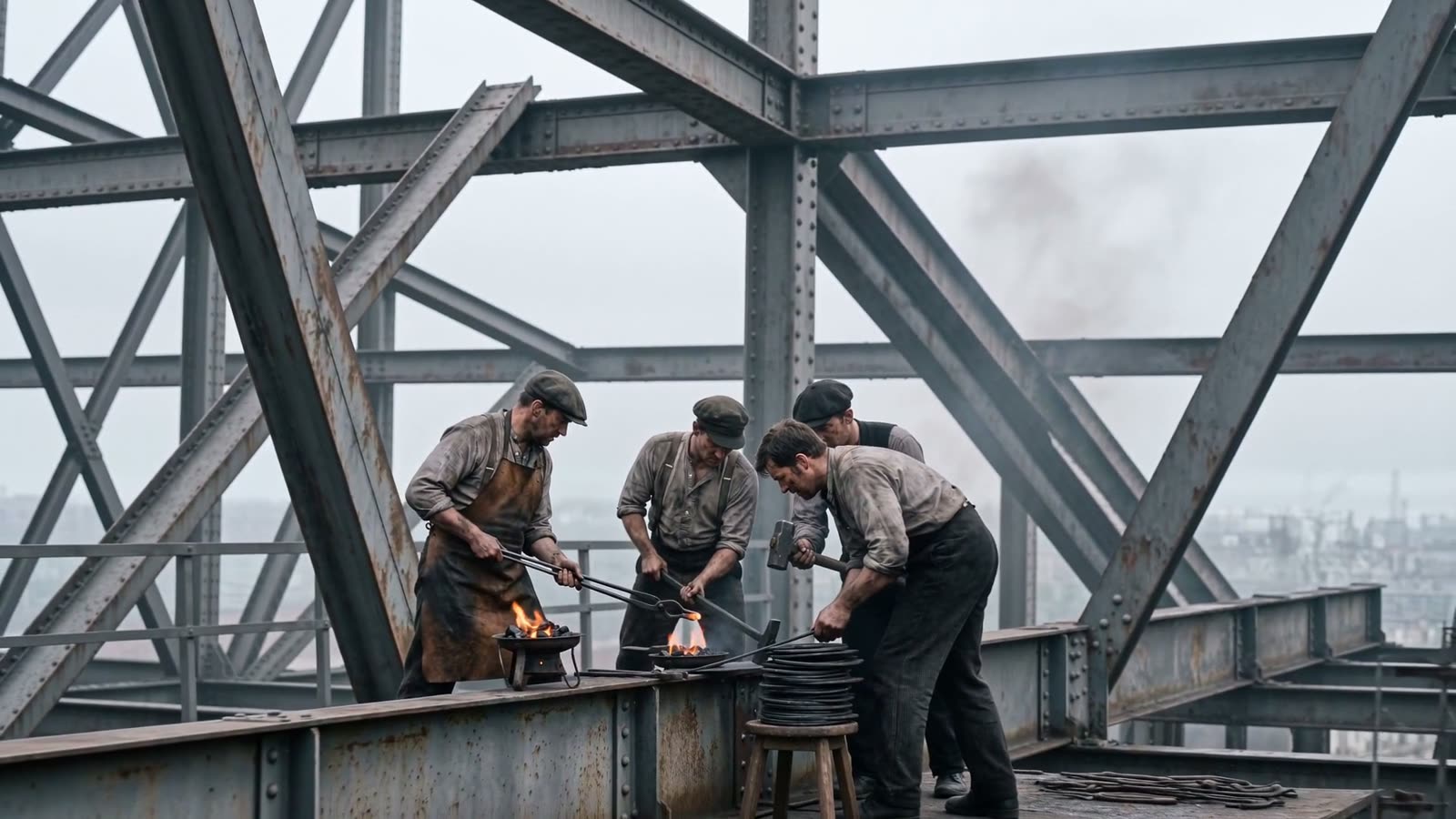 The rivet gang around a glowing brazier, high on the iron