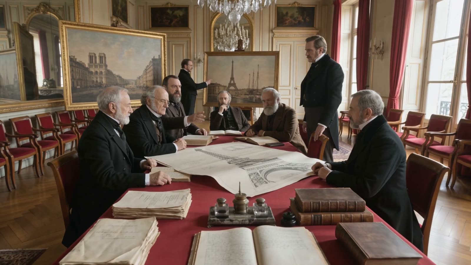 The protest taking shape in a Parisian salon, the tower's drawing on the table